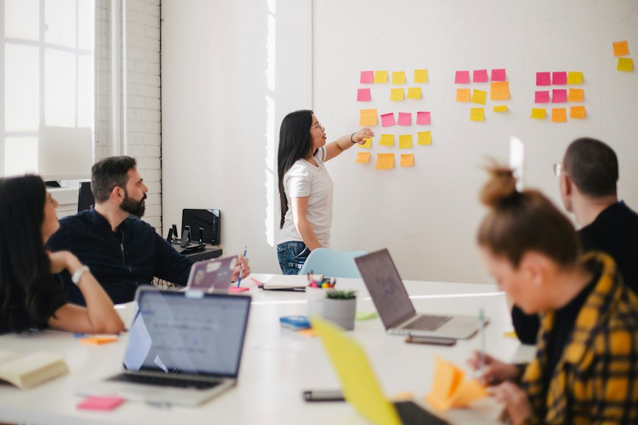 Colleagues planning together at a whiteboard